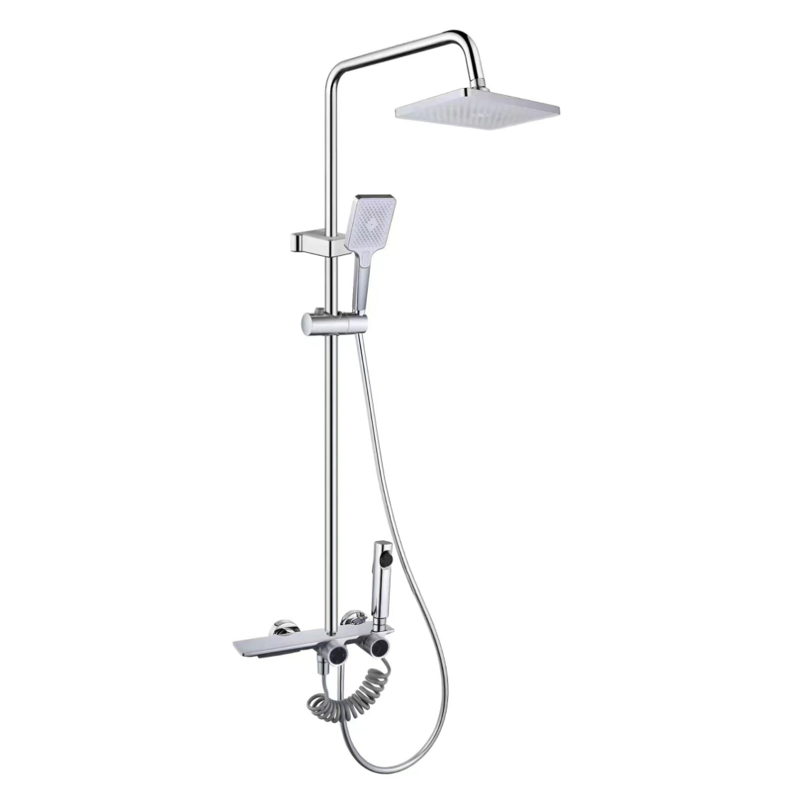 Imọlẹ Chrome Square Rain Shower Ṣeto pẹlu Awọn Knobs Meji